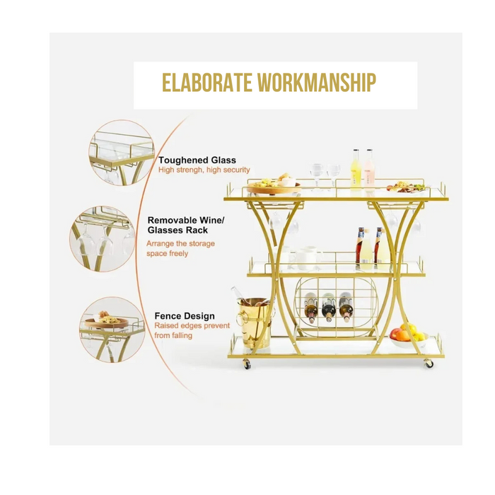 3-Tier Gold Bar Cart with Wine Rack & Glass Holders