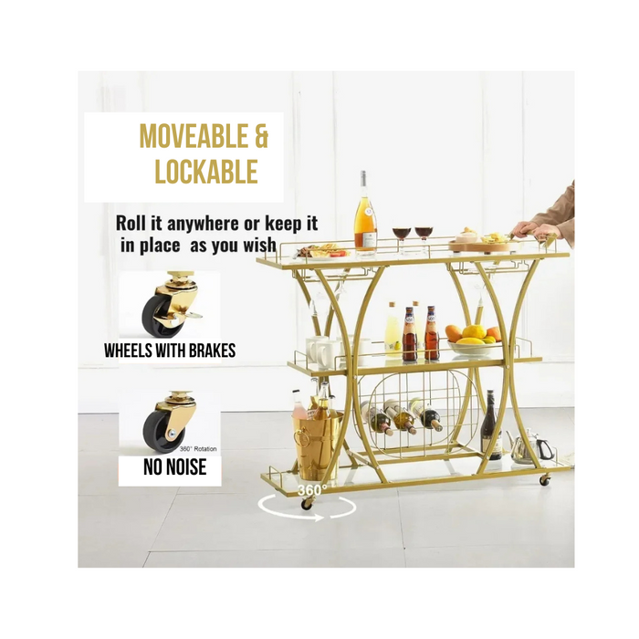 3-Tier Gold Bar Cart with Wine Rack & Glass Holders