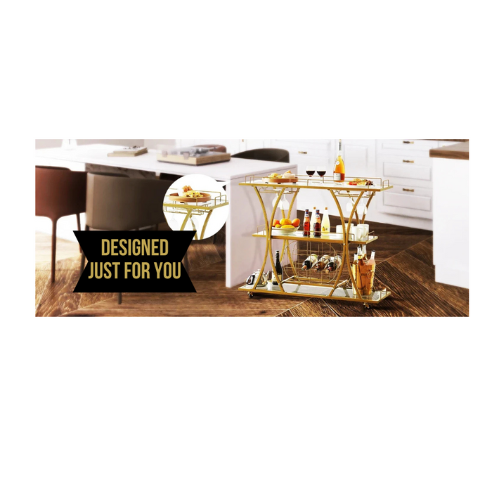 3-Tier Gold Bar Cart with Wine Rack & Glass Holders