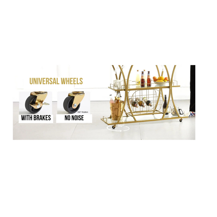 3-Tier Gold Bar Cart with Wine Rack & Glass Holders