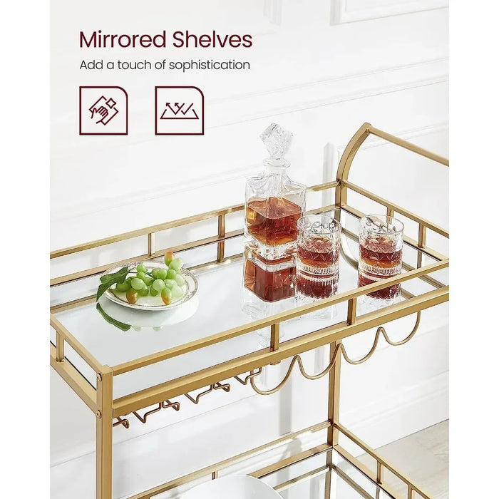 Gold Rolling Bar Cart with 2 Mirrored Shelves & Wine Storage