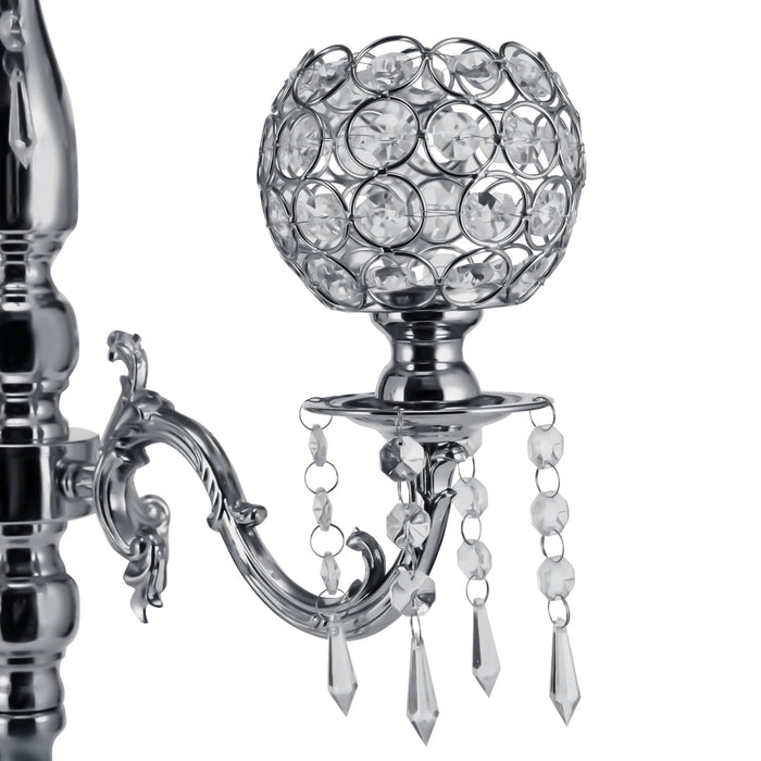 5 Arms Tall Floor Candelabra/Crystal Candlestick Holders - Silver