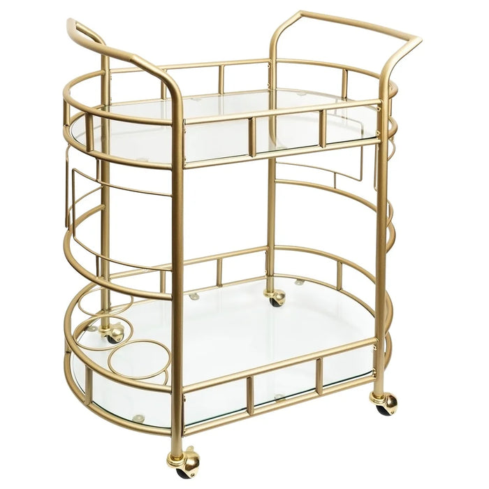 Glam Gold Rolling Bar Cart – 2-Tier Glass Shelves & Built-In Wine Holders