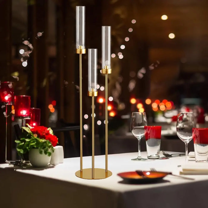 Set of 2 Gold 3-Arm Floor Candelabras – Tall Candle Holders with Acrylic Shades