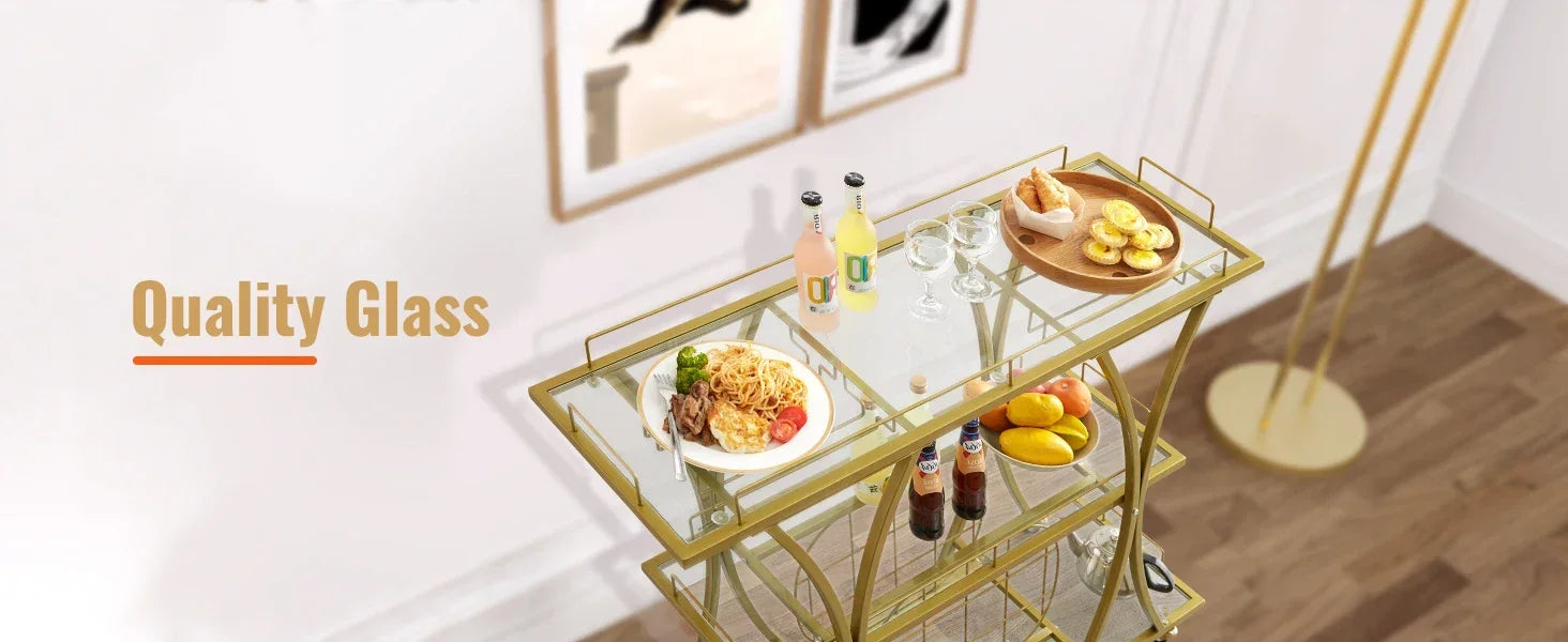 3-Tier Gold Bar Cart with Wine Rack & Glass Holders