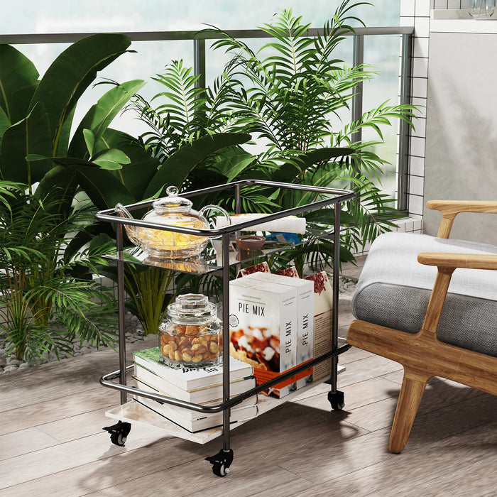 Luxury 2-Tier Rolling Bar Cart – Modern Serving Cart with Tempered Glass & Sintered Stone Shelves