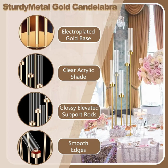 2-Piece, 5-Arm Gold Floor Candelabra Set with Acrylic Shades