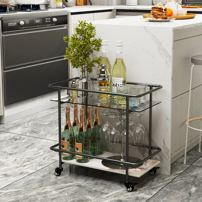 Luxury 2-Tier Rolling Bar Cart – Modern Serving Cart with Tempered Glass & Sintered Stone Shelves