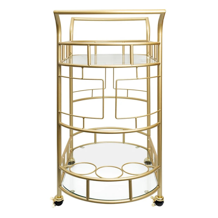 Glam Gold Rolling Bar Cart – 2-Tier Glass Shelves & Built-In Wine Holders