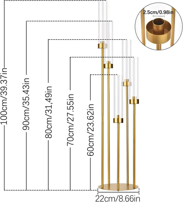 2-Piece, 5-Arm Gold Floor Candelabra Set with Acrylic Shades