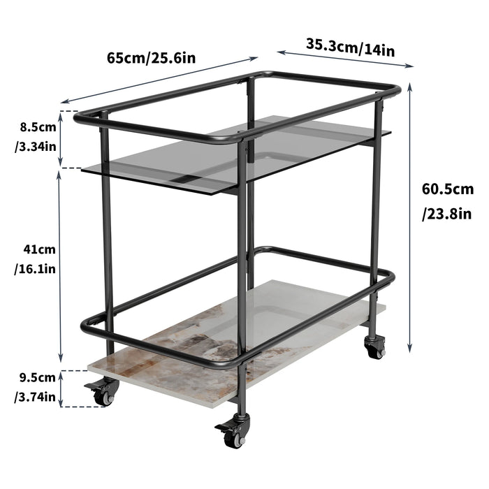Luxury 2-Tier Rolling Bar Cart – Modern Serving Cart with Tempered Glass & Sintered Stone Shelves