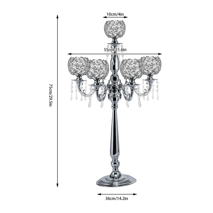 5 Arms Tall Floor Candelabra/Crystal Candlestick Holders - Silver