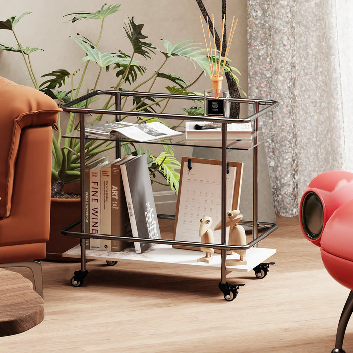 Luxury 2-Tier Rolling Bar Cart – Modern Serving Cart with Tempered Glass & Sintered Stone Shelves