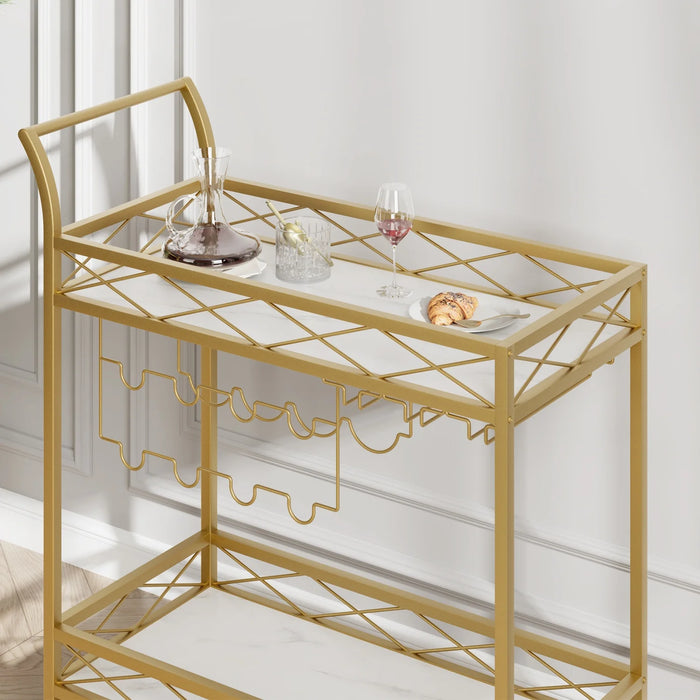 Gold Glam Bar Cart with Wine & Glass Storage – 2-Tier Marble Look & Locking Wheels