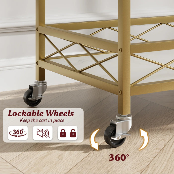 Gold Glam Bar Cart with Wine & Glass Storage – 2-Tier Marble Look & Locking Wheels