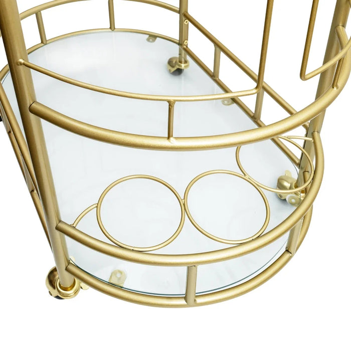 Glam Gold Rolling Bar Cart – 2-Tier Glass Shelves & Built-In Wine Holders