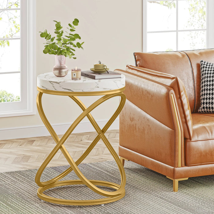Gold & White Faux Marble Side Table – H: 26"