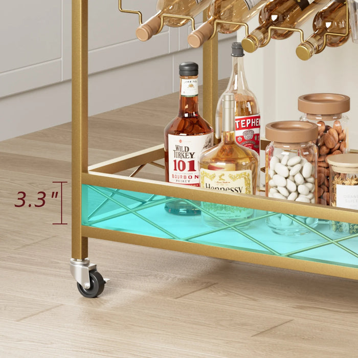 Gold Glam Bar Cart with Wine & Glass Storage – 2-Tier Marble Look & Locking Wheels