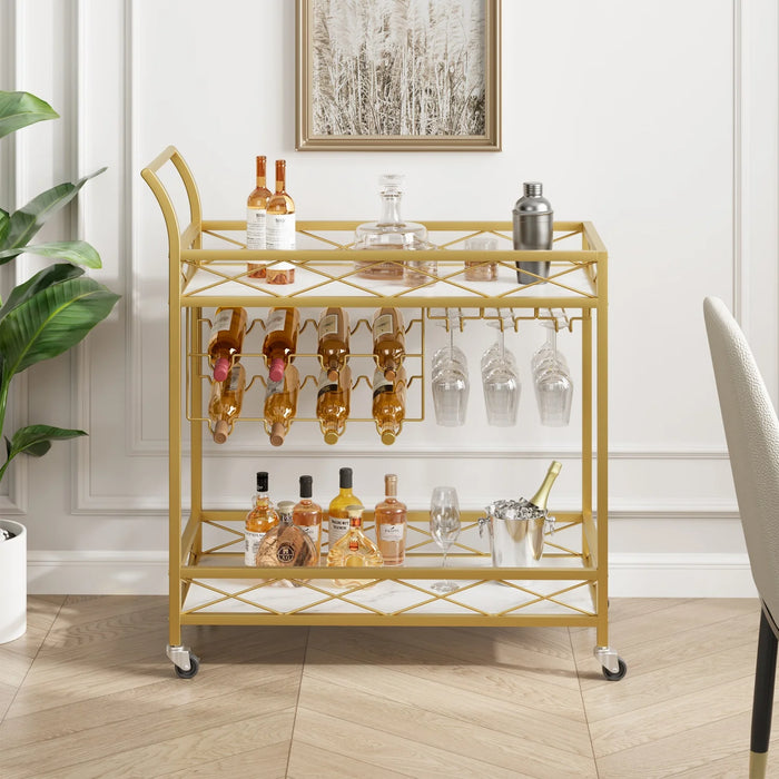 Gold Glam Bar Cart with Wine & Glass Storage – 2-Tier Marble Look & Locking Wheels