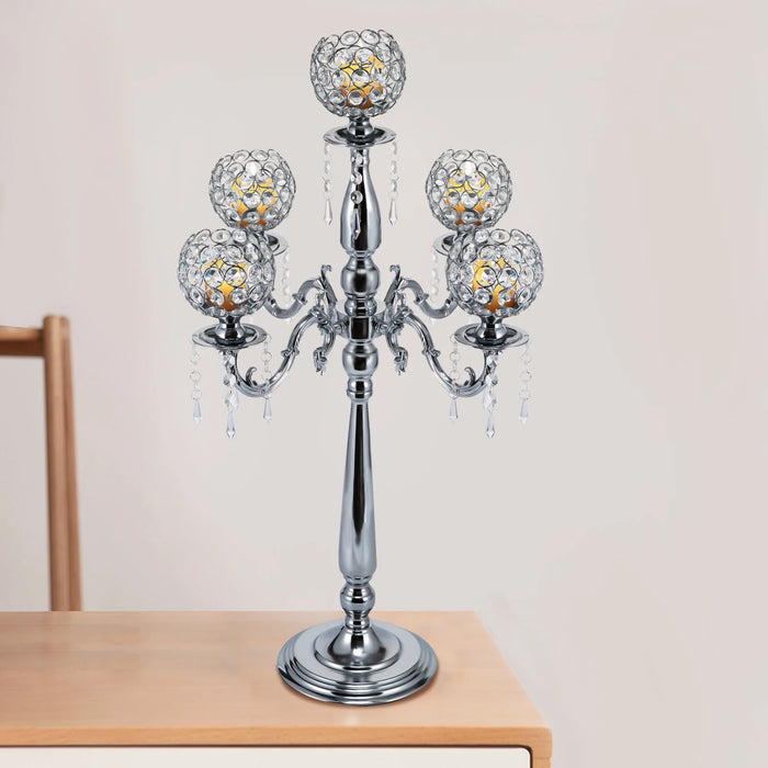 5 Arms Tall Floor Candelabra/Crystal Candlestick Holders - Silver