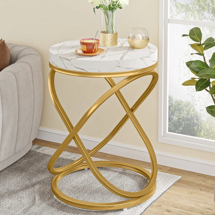 Gold & White Faux Marble Side Table – H: 26"