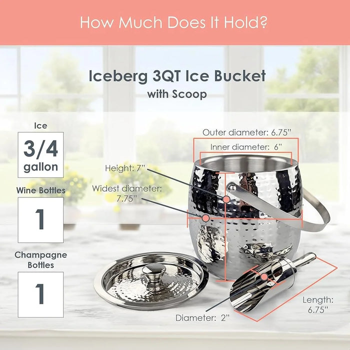 3QT Stainless Steel Insulated Ice Bucket with Lid and Scoop