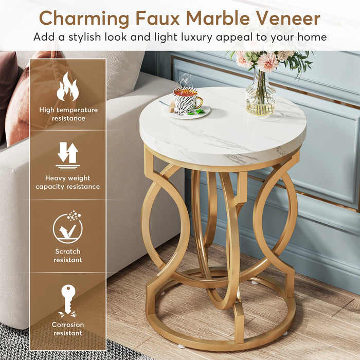 25.6" Gold O-Frame Cocktail Side Table – Faux Marble Top