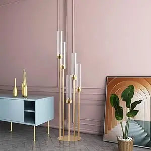 2-Piece, 5-Arm Gold Floor Candelabra Set with Acrylic Shades