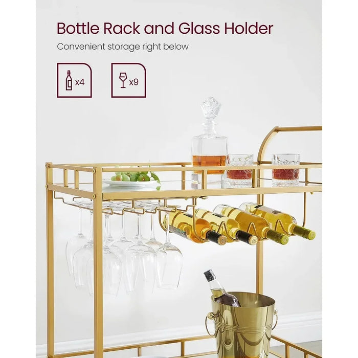Gold Rolling Bar Cart with 2 Mirrored Shelves & Wine Storage