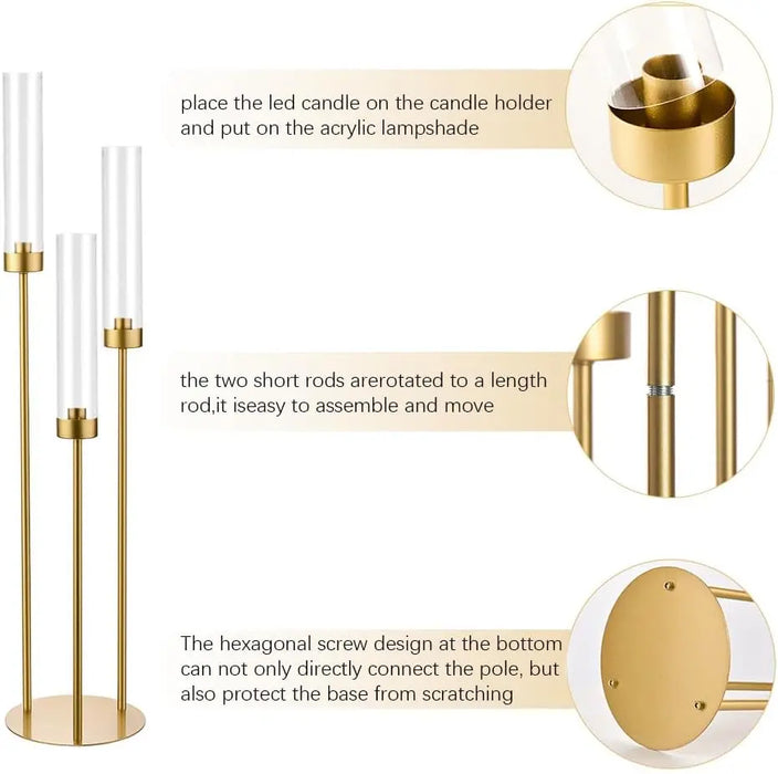 Set of 2 Gold 3-Arm Floor Candelabras – Tall Candle Holders with Acrylic Shades