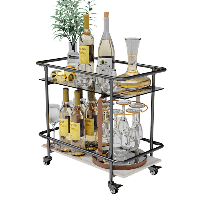 Luxury 2-Tier Rolling Bar Cart – Modern Serving Cart with Tempered Glass & Sintered Stone Shelves