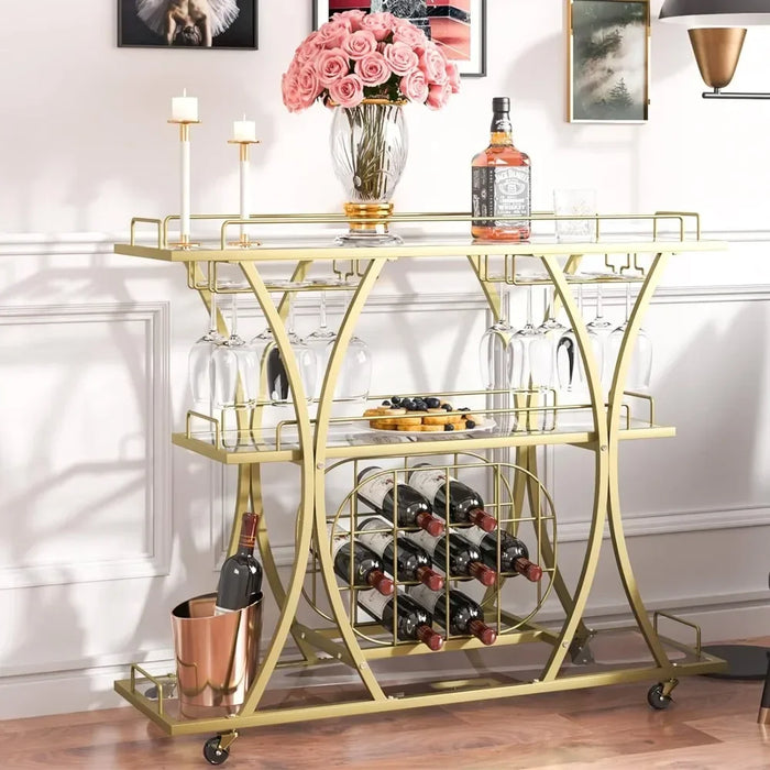 3-Tier Gold Bar Cart with Wine Rack & Glass Holders