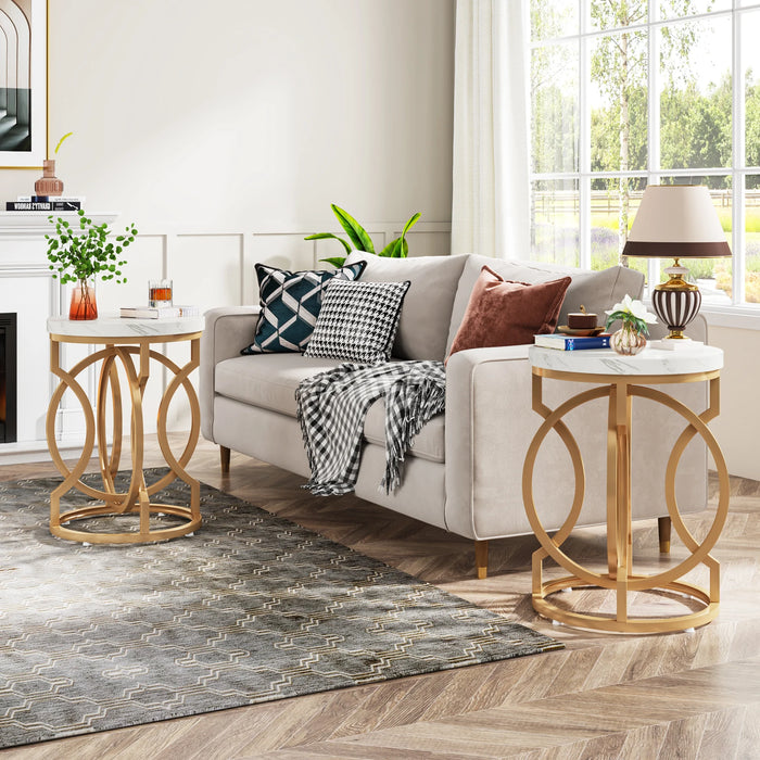 25.6" Gold O-Frame Cocktail Side Table – Faux Marble Top
