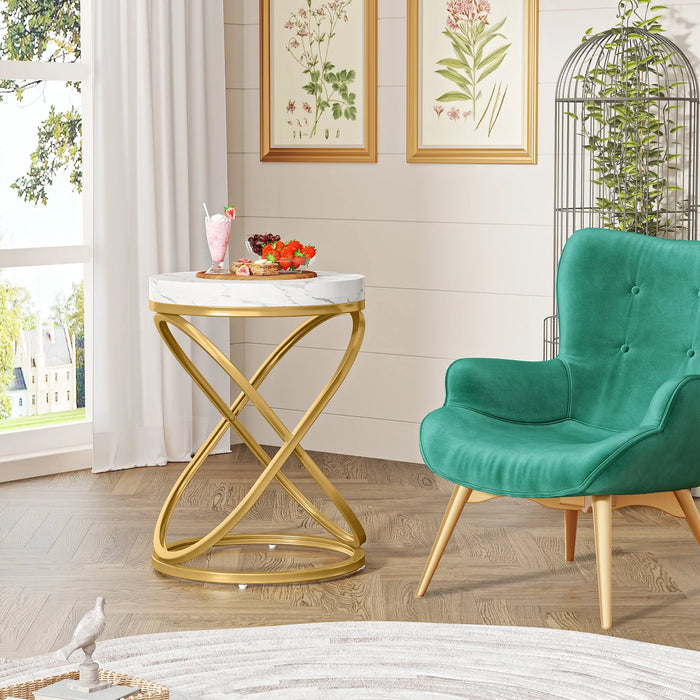 Gold & White Faux Marble Side Table – H: 26"