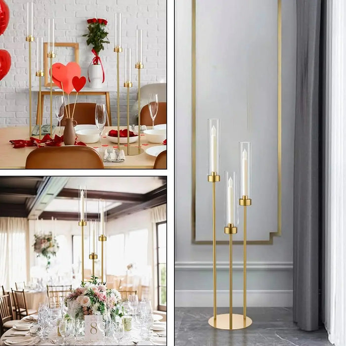 Set of 2 Gold 3-Arm Floor Candelabras – Tall Candle Holders with Acrylic Shades