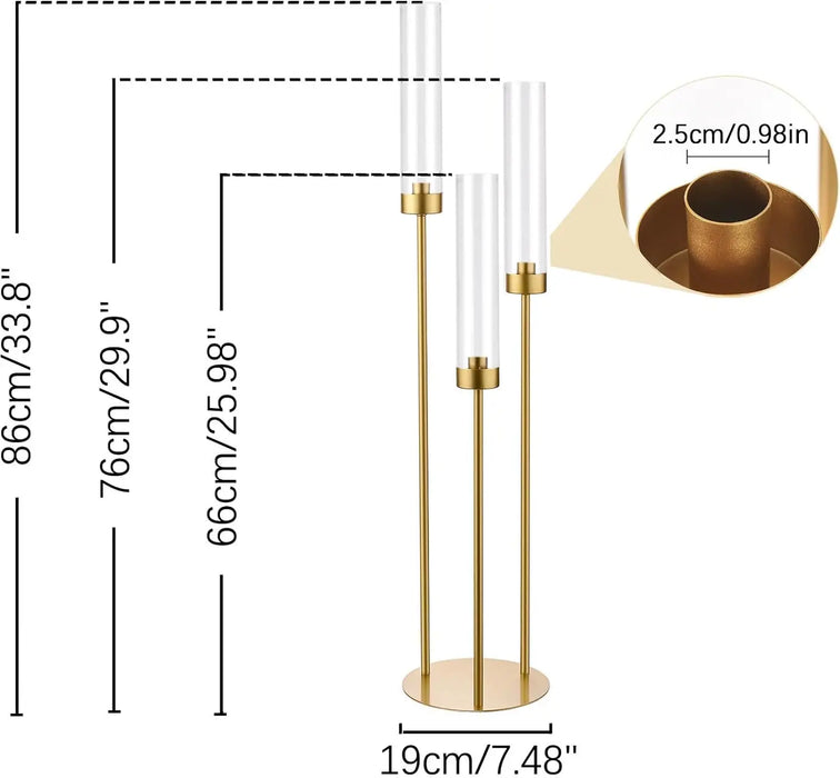 Set of 2 Gold 3-Arm Floor Candelabras – Tall Candle Holders with Acrylic Shades
