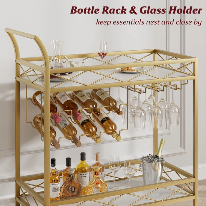 Gold Glam Bar Cart with Wine & Glass Storage – 2-Tier Marble Look & Locking Wheels