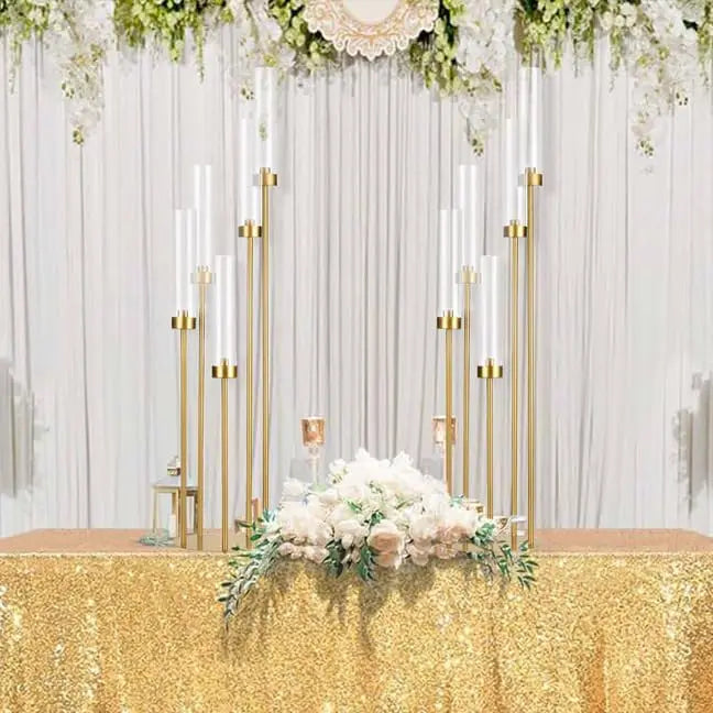 2-Piece, 5-Arm Gold Floor Candelabra Set with Acrylic Shades