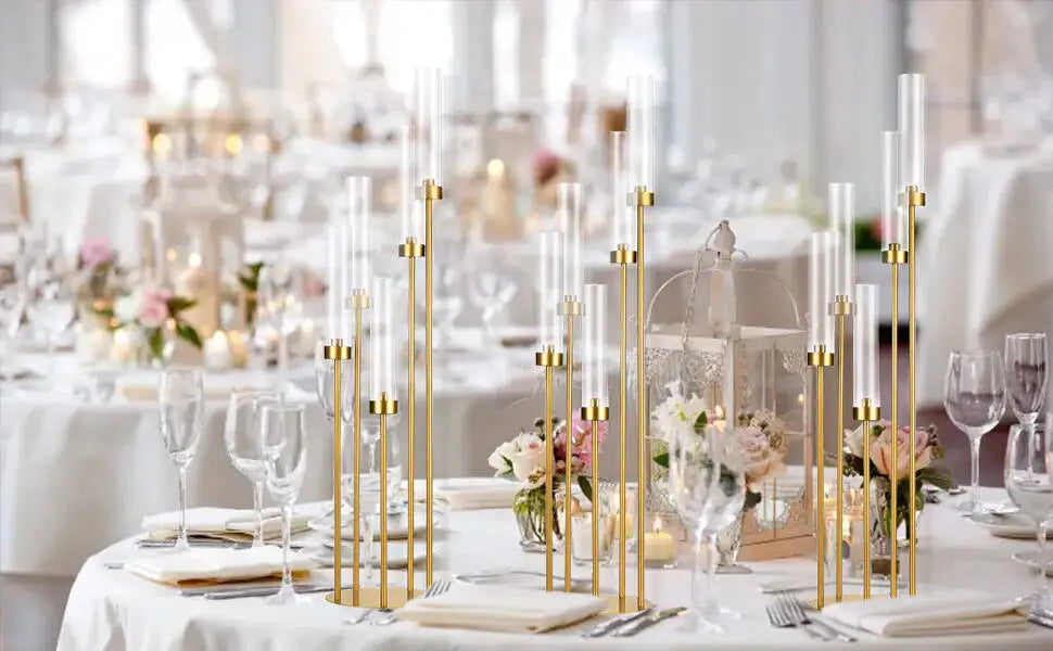 2-Piece, 5-Arm Gold Floor Candelabra Set with Acrylic Shades
