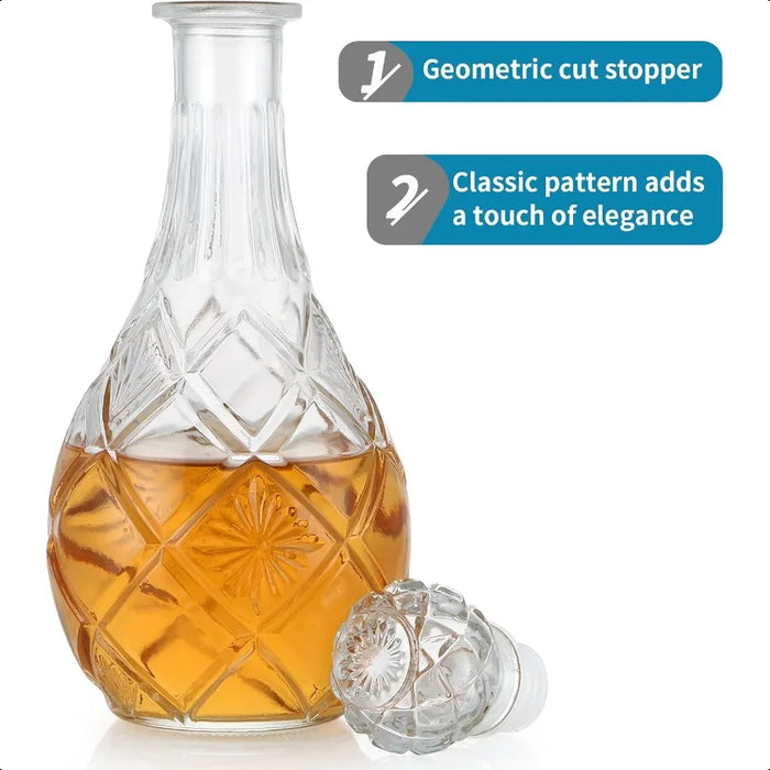 Round, Diamond-Cut Glass Whiskey Decanter with Airtight Stopper — 1000ml