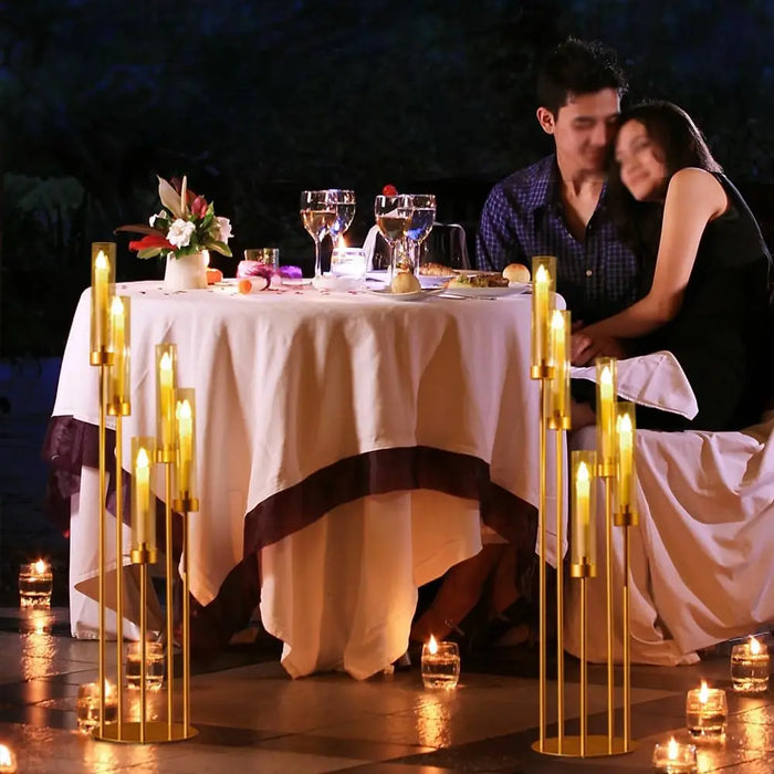 2-Piece, 5-Arm Gold Floor Candelabra Set with Acrylic Shades