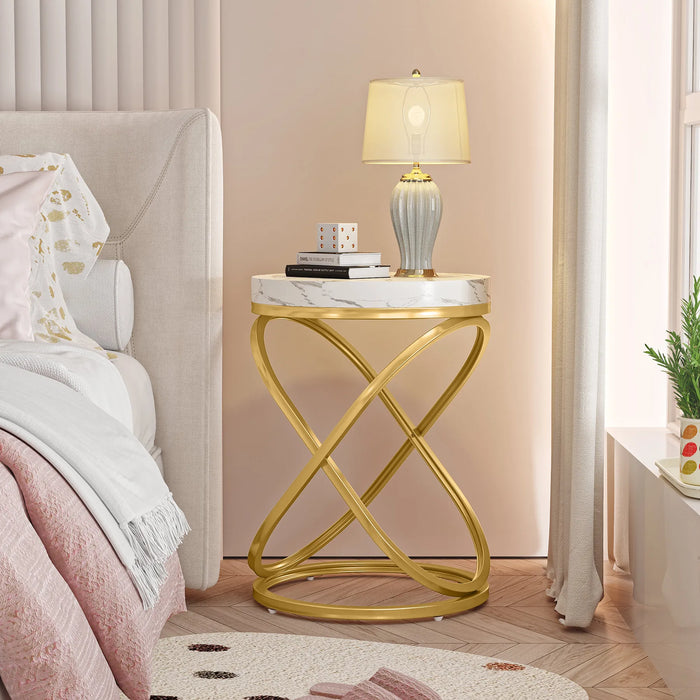 Gold & White Faux Marble Side Table – H: 26"