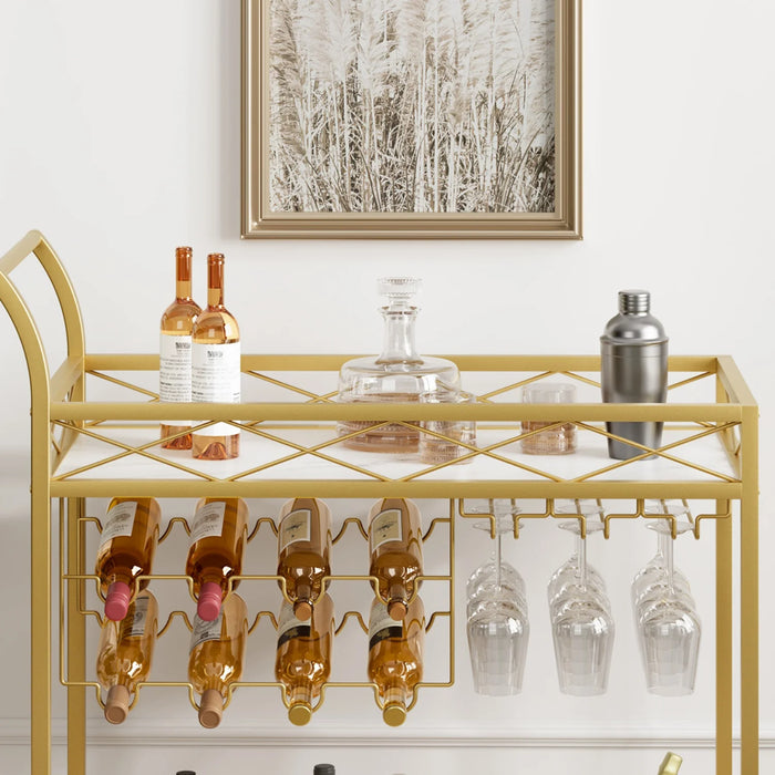 Gold Glam Bar Cart with Wine & Glass Storage – 2-Tier Marble Look & Locking Wheels