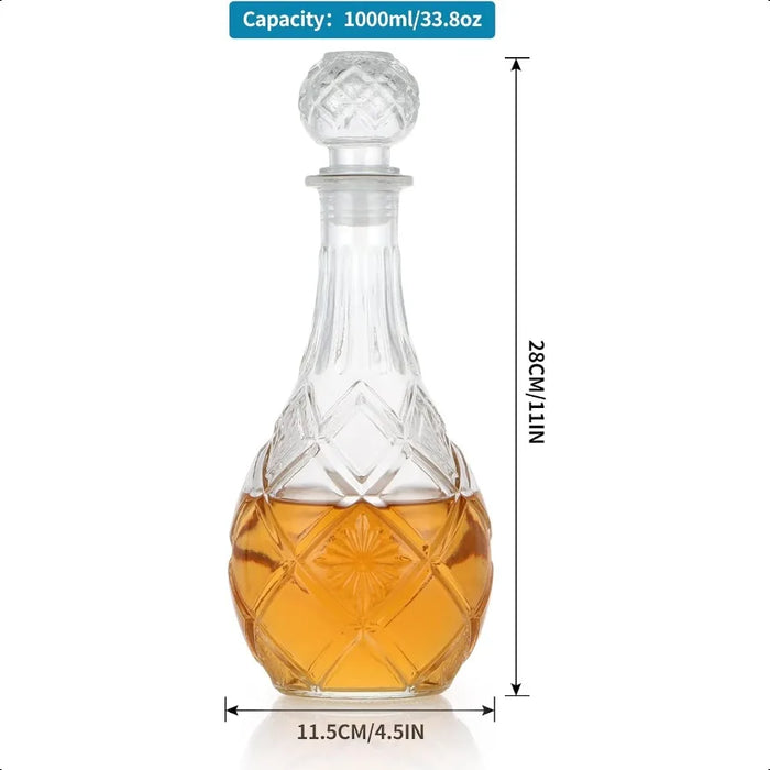 Round, Diamond-Cut Glass Whiskey Decanter with Airtight Stopper — 1000ml