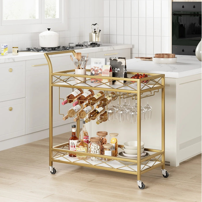 Gold Glam Bar Cart with Wine & Glass Storage – 2-Tier Marble Look & Locking Wheels