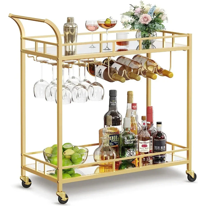 Gold Rolling Bar Cart with 2 Mirrored Shelves & Wine Storage