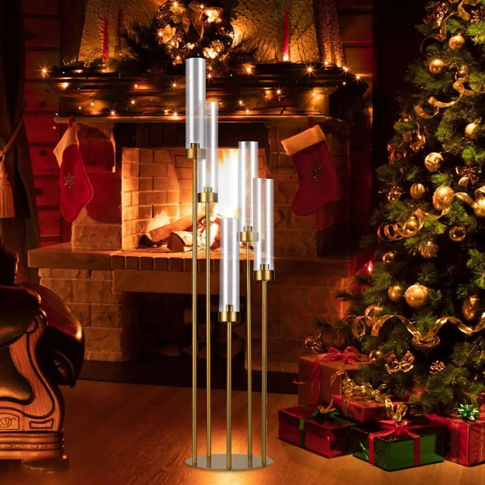 2-Piece, 5-Arm Gold Floor Candelabra Set with Acrylic Shades