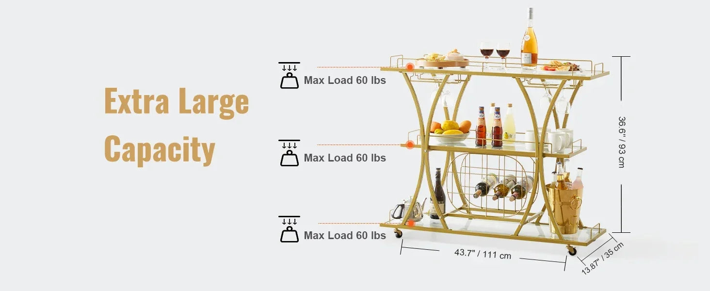 3-Tier Gold Bar Cart with Wine Rack & Glass Holders