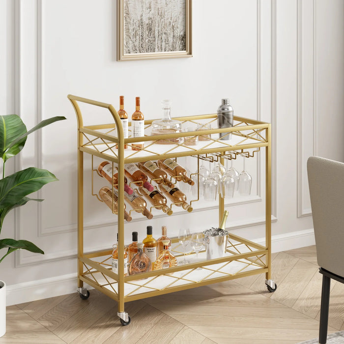 Gold Glam Bar Cart with Wine & Glass Storage – 2-Tier Marble Look & Locking Wheels