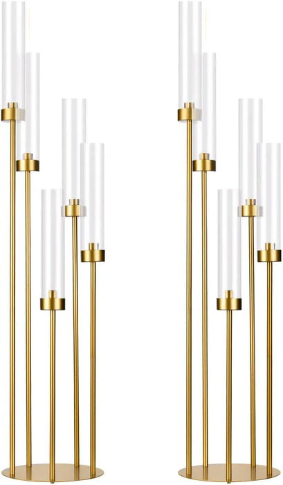 2-Piece, 5-Arm Gold Floor Candelabra Set with Acrylic Shades